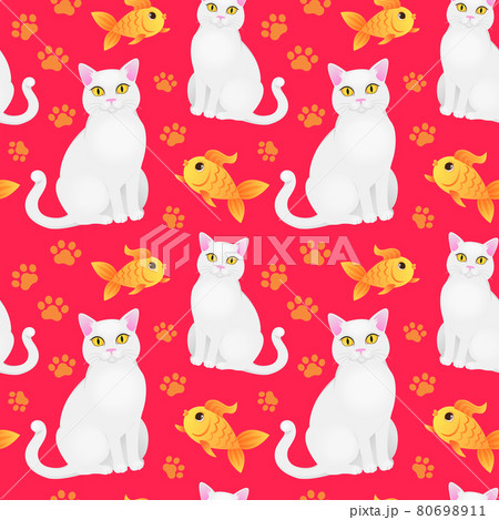 Seamless pattern with white cat and goldfish. 80698911