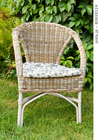 Rattan Chair in the garden on the green grass and grape green background Rattan Chair in the garden on the green grass and grape green background 80699524