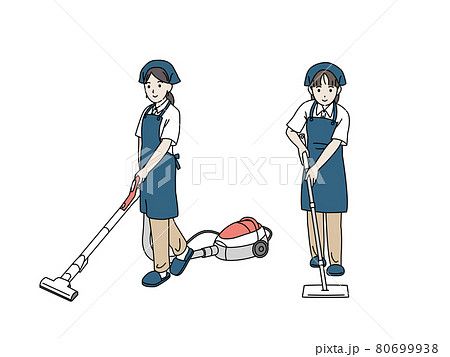 クリーニングスタッフ 家政婦 掃除をする女性 掃除機 ワイパー 全身 イラスト素材のイラスト素材