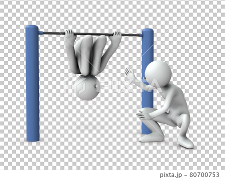 A person hanging on a horizontal bar. Friends to play with. White background. 3D rendering. A person hanging on a horizontal bar. Friends to play with. White background. 3D rendering. 80700753