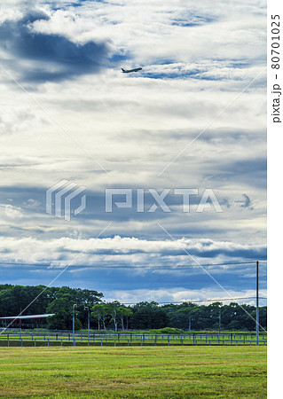 離陸した飛行機と夏の競走馬(サラブレッド)生産牧場 イメージ 北海道 離陸した飛行機と夏の競走馬(サラブレッド)生産牧場 イメージ 北海道 80701025