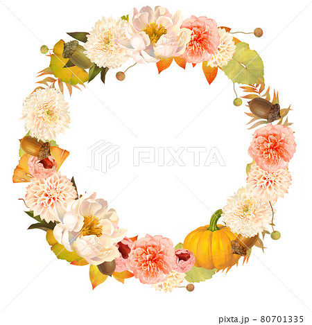 かぼちゃとどんぐりと花とつぼみがあるレトロな秋の植物ベクター白バックリースフレームイラスト素材のイラスト素材