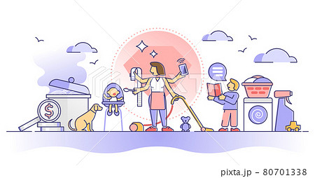 Busy mom daily routine with home multitasking duties and work outline concept 80701338