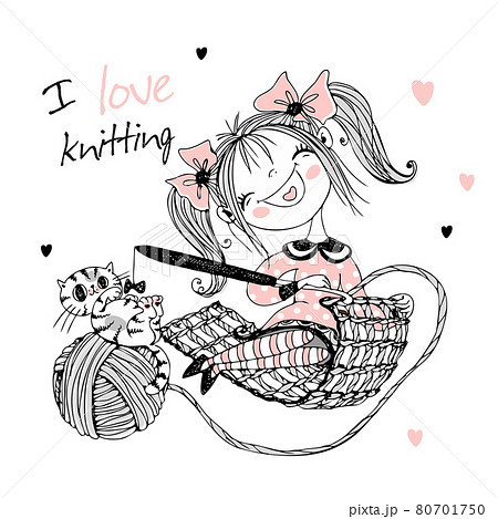 Cute girl needlewoman with a cat knits crochet. Vector 80701750
