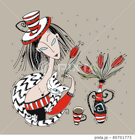 A girl with a cat drinks tea. Tea time. Art Nouveau style. Modigliani art. Vector 80701773