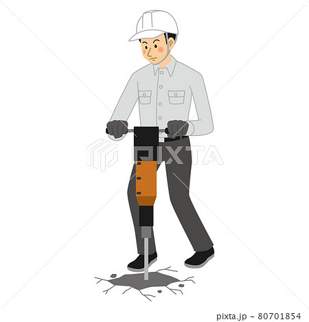 空気圧ハンマーで地面を掘る工事現場の男性のイラスト素材