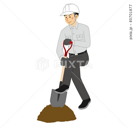 スコップで土を掘る工事現場の男性のイラスト素材