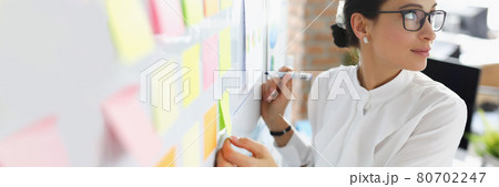 Businesswoman in glasses stands with marker near work board with business planning Businesswoman in glasses stands with marker near work board with business planning 80702247