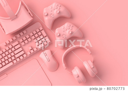 Top view of gamer workspace and gear like mouse, keyboard, joystick, headset, VR 80702773