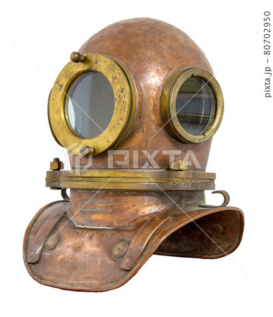 Old antique metal scuba helmet with clipping path isolated on white background. Copper old vintage deeps sea diving suit 80702950
