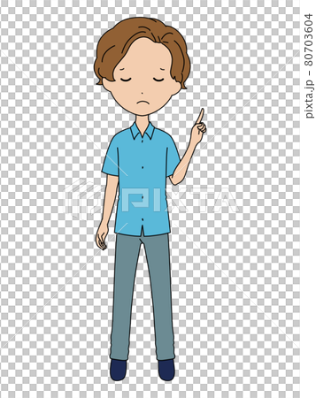 指差し案内をしている落ち込んだ表情の男の子の全身イラストのイラスト素材