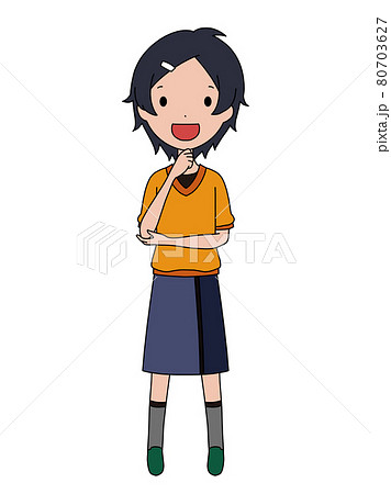 考えるポーズの笑顔の女の子の全身イラストのイラスト素材