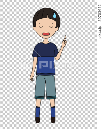 指差し案内をしている困ったような表情の男の子の全身イラストのイラスト素材