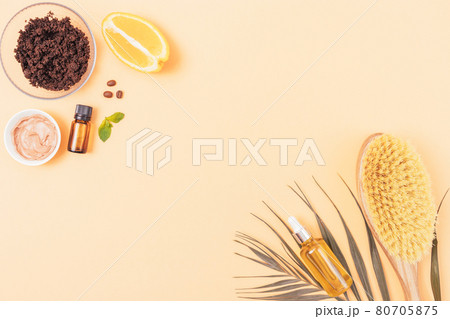Flat lay composition natural cosmetics anti-cellulite coffee oil scrub Flat lay composition natural cosmetics anti-cellulite coffee oil scrub 80705875