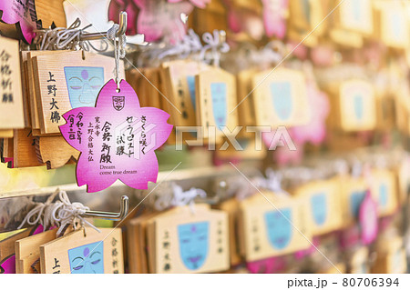 [東京・上野] 寛永寺の合格大仏と呼ばれる上野大佛のピンク色の桜を形した絵馬のクローズアップ撮影。 80706394