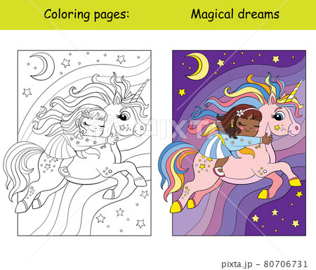 Coloring and color black girl sleeps on back of a flying unicorn. Coloring and color black girl sleeps on back of a flying unicorn. 80706731