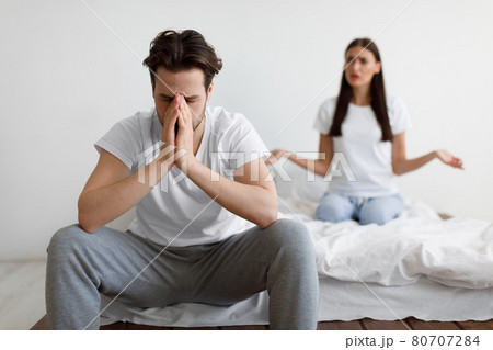 Husband Tired Of Conflicts With Wife Sitting In Bedroom Indoor Husband Tired Of Conflicts With Wife Sitting In Bedroom Indoor 80707284
