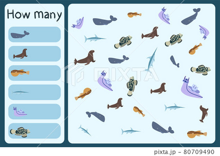 Kids mathematical mini game - count how many sea animals - spermwhale, sea lion, puffer fish, swordfish, mandarin. Educational games for children. Cartoon design template on colorful backdrop. 80709490