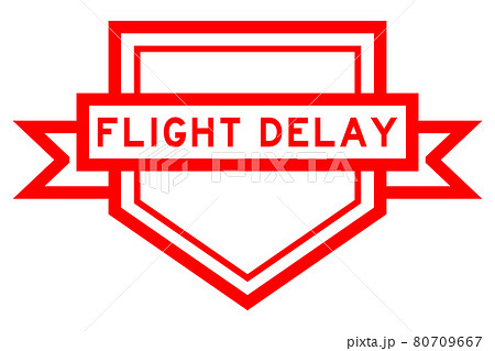 Vintage pentagon label banner with word flight delay in red color on white background 80709667