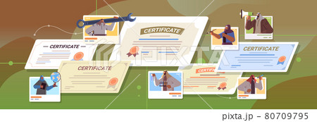 arab graduated people of different occupations holding certificates arabic graduates celebrating academic diploma degree arab graduated people of different occupations holding certificates arabic graduates celebrating academic diploma degree 80709795