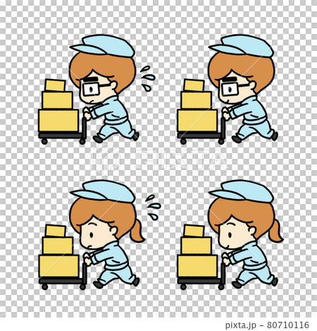 笑顔で台車を押す人と焦って台車を押す人のイラスト 80710116