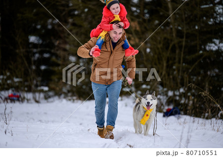 Happy family on a walk in the woods with a husky, jogging with a dog, fun winter games. 80710551
