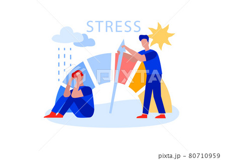 Flat man reducing stress level, struggling with arrow of crisis Flat man reducing stress level, struggling with arrow of crisis 80710959