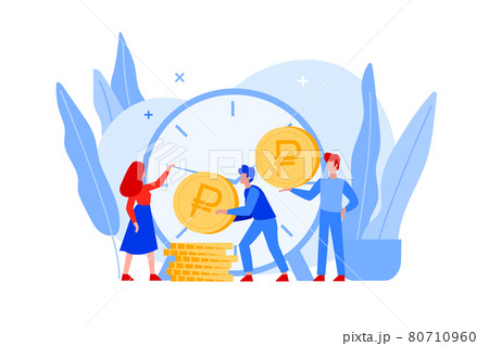 Time is money concept with big clock, coins and busy people Time is money concept with big clock, coins and busy people 80710960