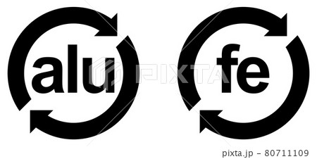Recyclable aluminium (alu) and steel (fe) sign. Black letters in circle with arrows. 80711109