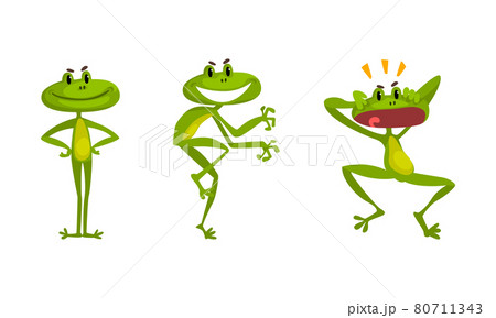 Funny Green Frog with Protruding Eyes Tiptoeing and Shouting Vector Set Funny Green Frog with Protruding Eyes Tiptoeing and Shouting Vector Set 80711343