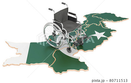 Wheelchair with Pakistani flag. Disability in Pakistan concept, 3D rendering 80711513
