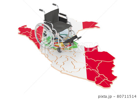 Wheelchair with Peruvian flag. Disability in Peru concept, 3D rendering 80711514