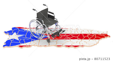 Wheelchair with Puerto Rican flag. Disability in Puerto Rico concept, 3D rendering Wheelchair with Puerto Rican flag. Disability in Puerto Rico concept, 3D rendering 80711523