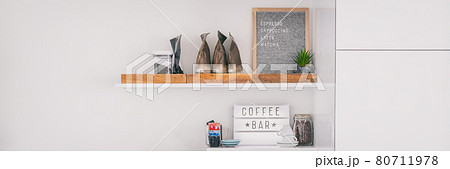 Coffee shop menu sign on wall shelves hipster trendy store for espresso shots. Header panoramic background .Felt letter board lightbox showing text selling cappuccino, latte, matcha tea 80711978
