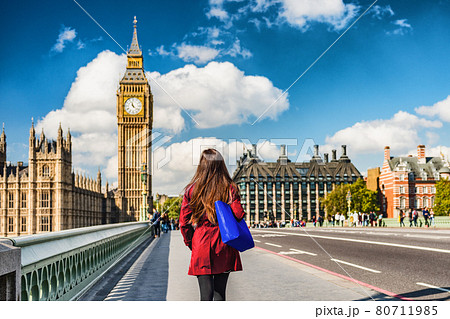 London city urban lifestyle tourist woman walking. Businesswoman commuting going to work on Westminster bridge street early morning. Europe travel destination, England, Great Britain, UK 80711985