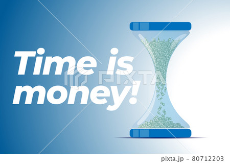 Flyer poster banner template. Hourglass paper money banknotes falling down. Time is money. 80712203