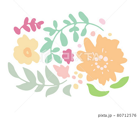 手書きタッチの草木 春カラーの花と緑の葉っぱイラスト ワンポイント刺繍 のイラスト素材