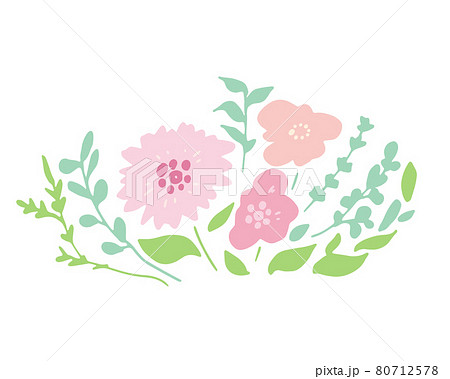 手書きタッチの草木 春カラーの花と緑の葉っぱイラスト ワンポイント刺繍 のイラスト素材