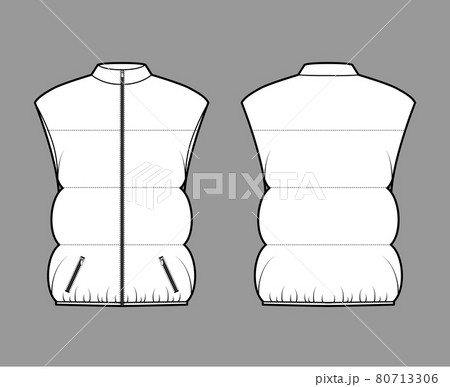 Down vest puffer waistcoat technical fashion illustration with sleeveless, stand collar, pockets, oversized, hip length Down vest puffer waistcoat technical fashion illustration with sleeveless, stand collar, pockets, oversized, hip length 80713306