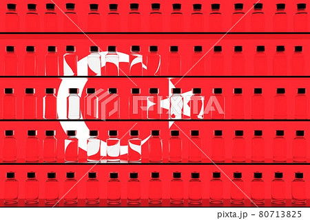Glass vaccine vials on the shelves and flag of Turkey. Vaccination related conceptual 3D rendering Glass vaccine vials on the shelves and flag of Turkey. Vaccination related conceptual 3D rendering 80713825