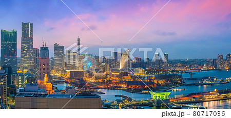 Yokohama city skyline from top view at sunset Yokohama city skyline from top view at sunset 80717036