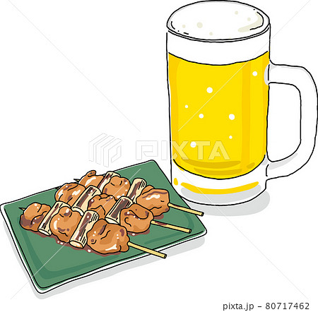 冷えたビールと焼き鳥のイラストのイラスト素材