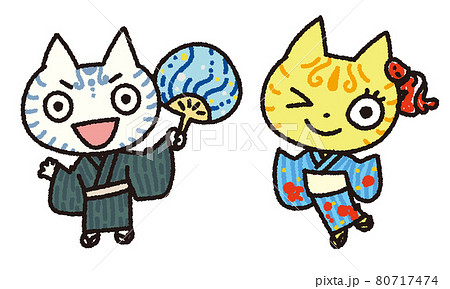 ゆかた ねこ カップルのイラスト素材