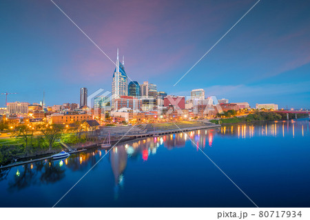 Nashville, Tennessee downtown skyline with Cumberland River in USA 80717934