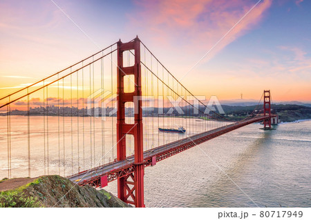 Famous Golden Gate Bridge, San Francisco at sunset 80717949
