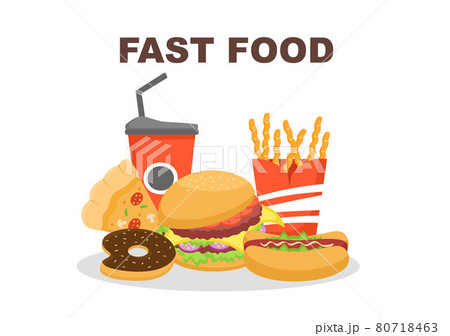 Set of Fast food Background Vector Illustration With Foods For Burger, Pizza, Donuts, French Fries, Hot Dog or Cola. Meal Unhealthy And Not Nutritious Set of Fast food Background Vector Illustration With Foods For Burger, Pizza, Donuts, French Fries, Hot Dog or Cola. Meal Unhealthy And Not Nutritious 80718463
