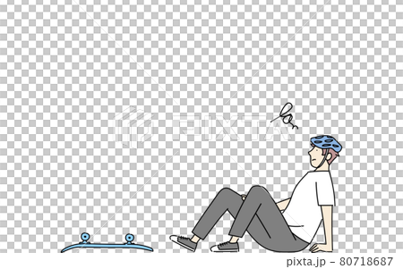 スケートボードのトラブルシーン、転倒して尻もちをつく男性 80718687