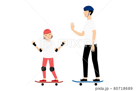 スケートボードに乗って父親に笑顔を向ける女の子のイラスト素材