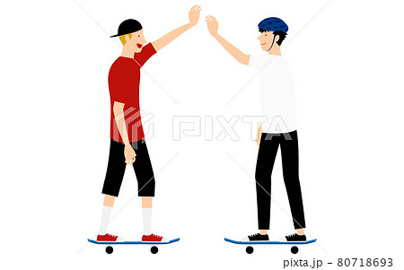 スケートボードで滑りながら他のスケーターとハイタッチする男性のイラスト素材