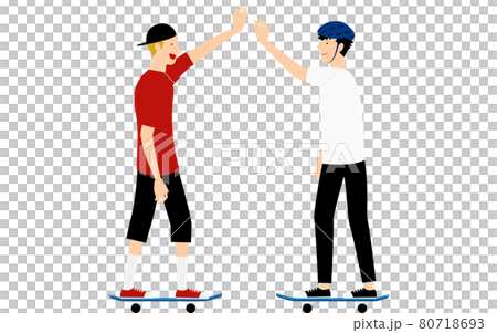 一個在滑板上滑行時與其他滑手擊掌的男人 80718693